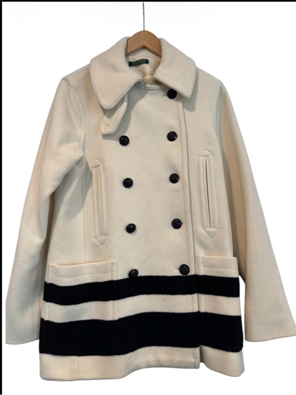 Lauren Ralph Lauren Cream Wool-Blend Pea Coat with Black Stripe Detail Sz Large